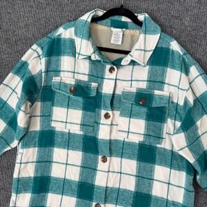 Women L Plaid Flannel Shacket Green White Oversized Button Up Grunge Cottagecore